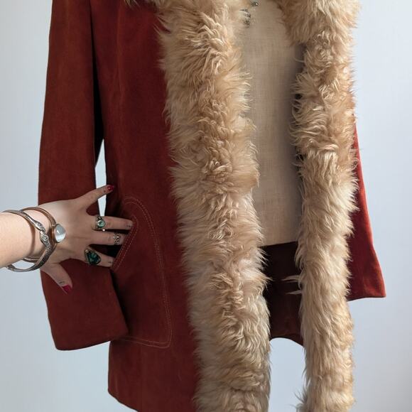 Vintage Red Suede Jacket Leather Penny Lane Coat Fur Trim 70s Trench Coat Medium - Picture 6 of 10